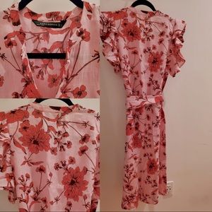 ZARA pink/red floral linen dress